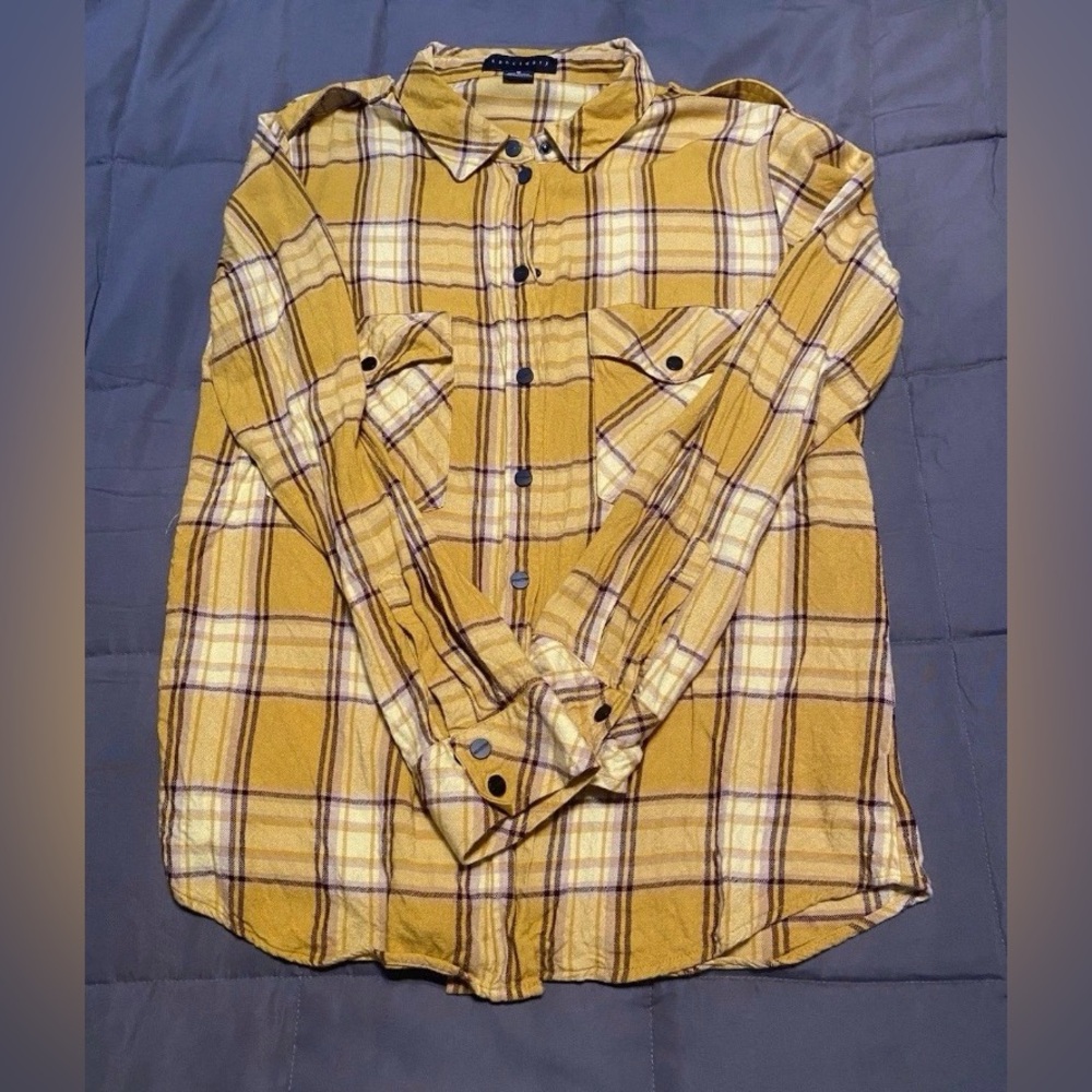 Sanctuary Women's Yellow and Purple Plaid Button Down Shirt
